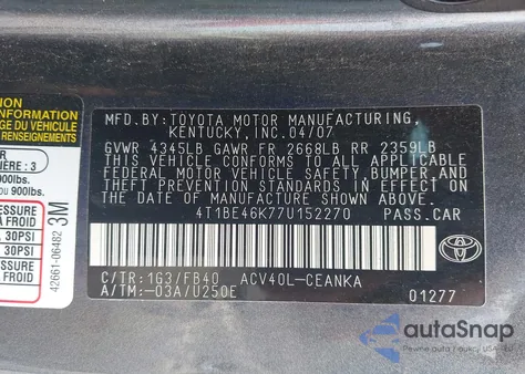 2007 Toyota Camry Le z USA, uszkodzony, nr VIN 4T1BE46K77U152270